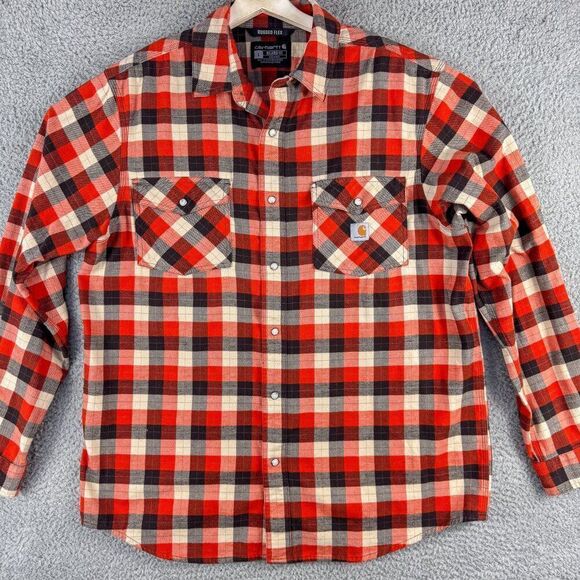 Carhartt Rugged Flex Flannel Shirt Mens Large Orange Plaid Relaxed Fit Pearlsnap - Picture 1 of 13